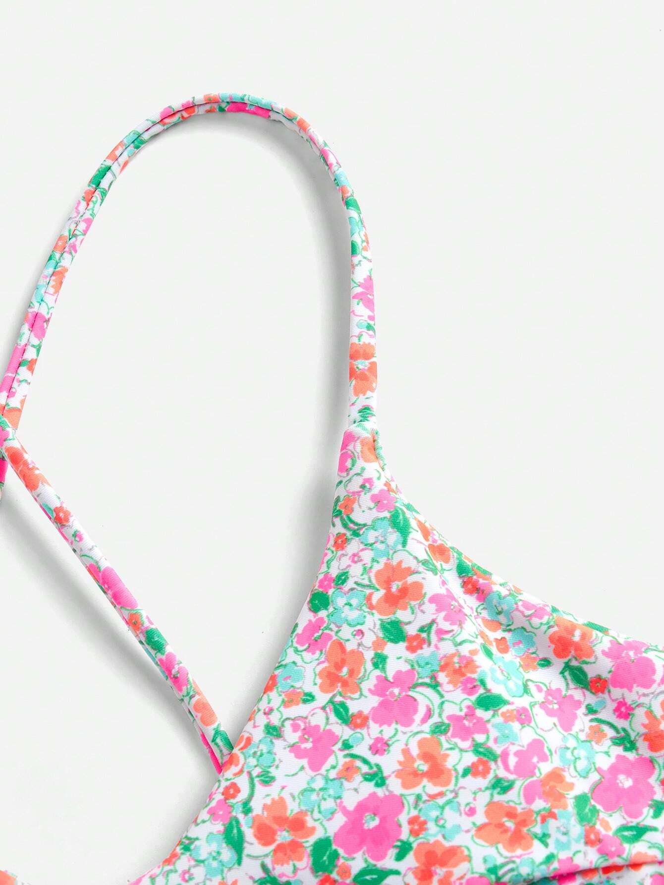 Swim Mod Ditsy Floral Casual Spaghetti Strap Bikini Swimwear, Wireless Vacation
