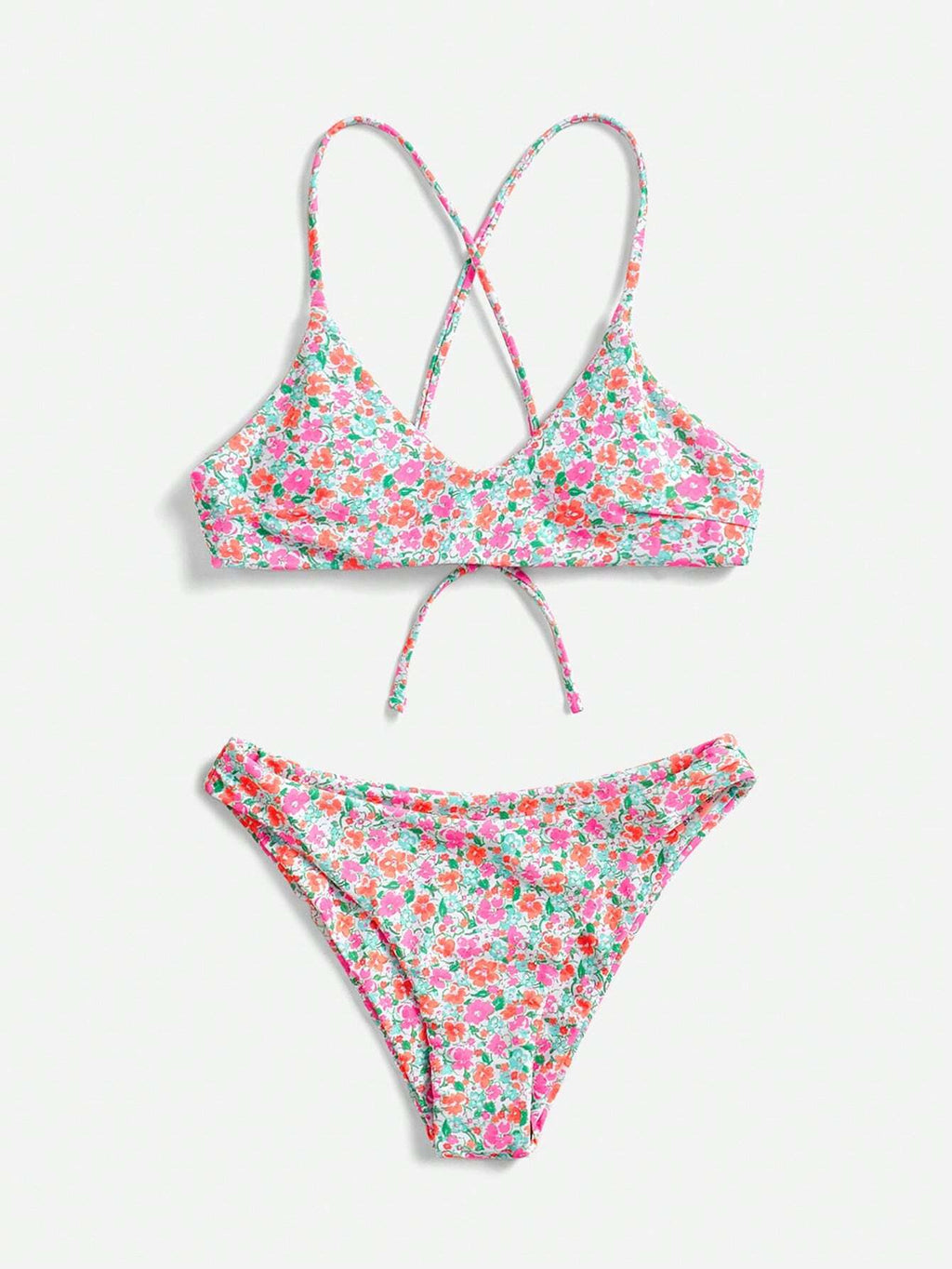Swim Mod Ditsy Floral Casual Spaghetti Strap Bikini Swimwear, Wireless Vacation