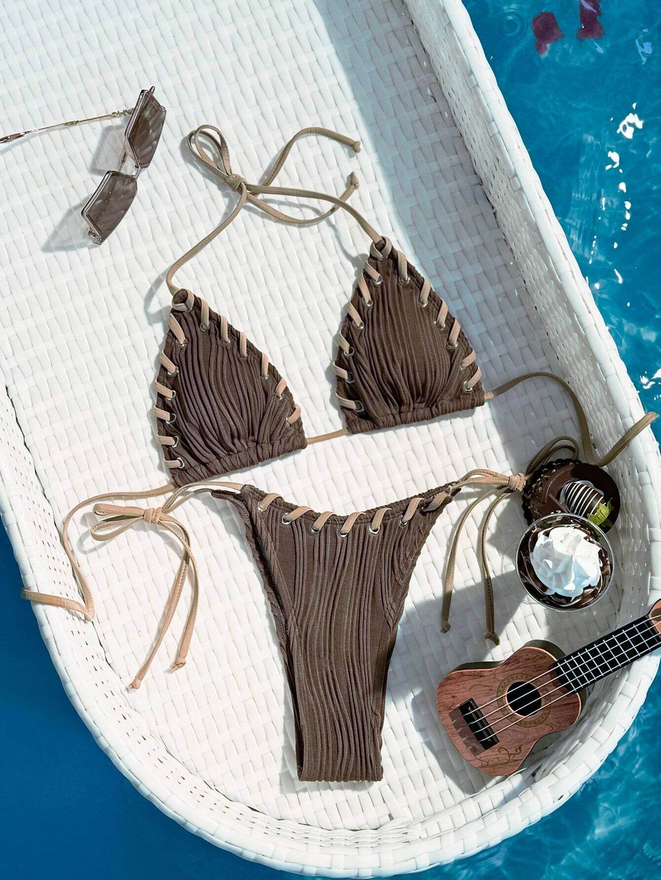 Swim Mod Women's Sexy Beach Vacation Grommet Lace Up Textured Knit Bikini Set - image 9