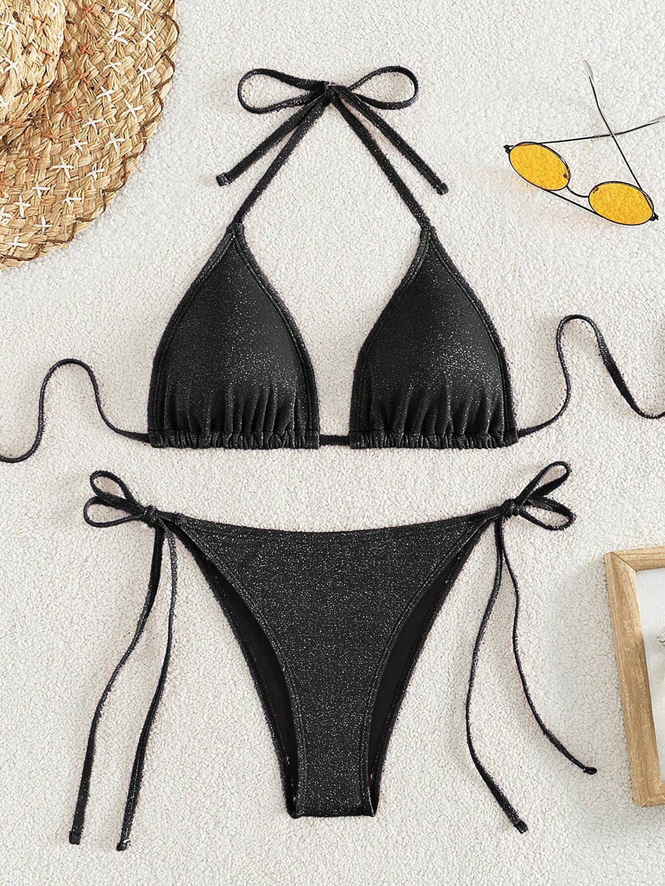 Swim Mod Women's Solid Color Halter Strap Sexy Bikini Set For