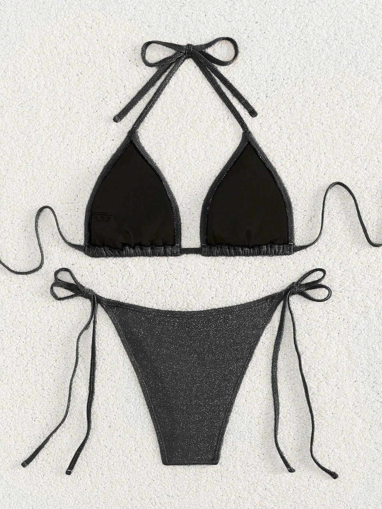 Swim Mod Women's Solid Color Halter Strap Sexy Bikini Set For