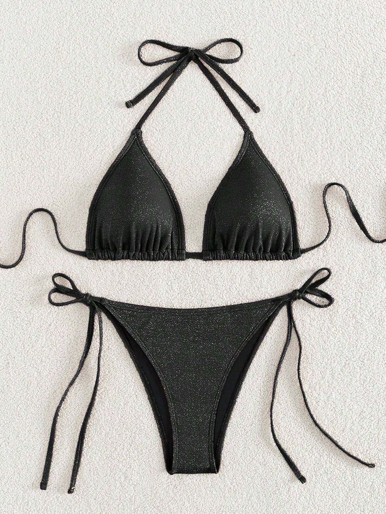 Swim Mod Women's Solid Color Halter Strap Sexy Bikini Set For