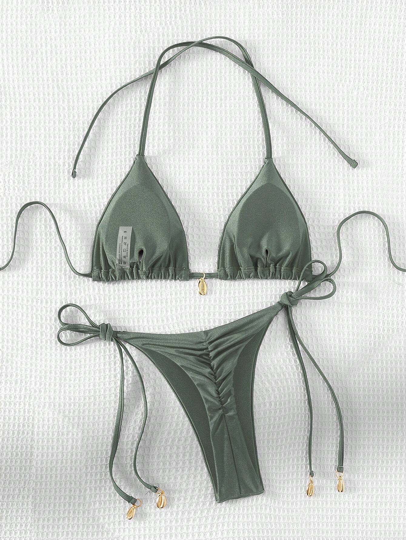 Swim Vcay Solid Triangle Tie Side Bikini Set For Summer Beach Vacation