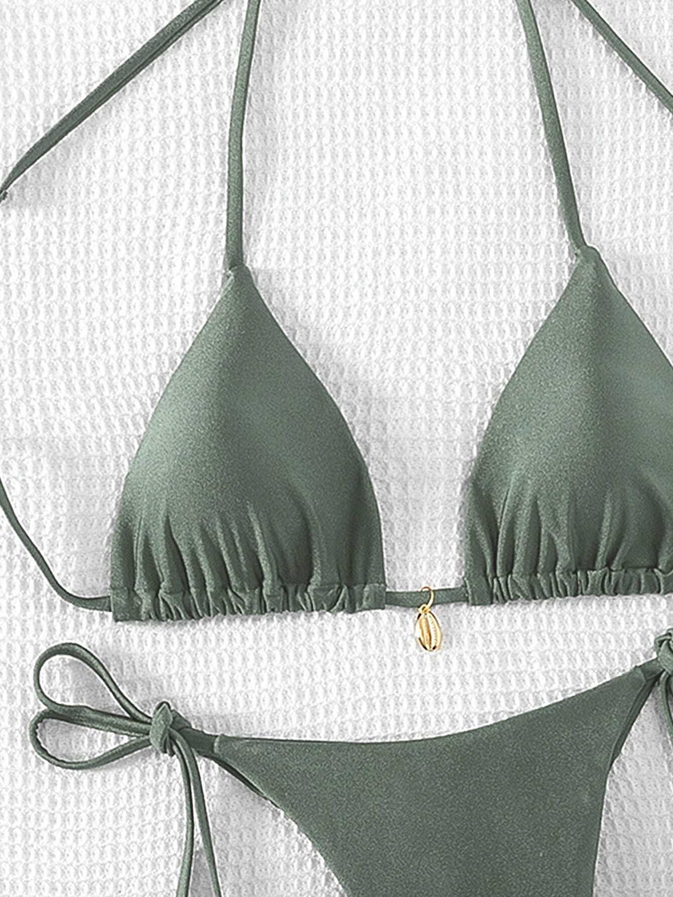 Swim Vcay Solid Triangle Tie Side Bikini Set For Summer Beach Vacation