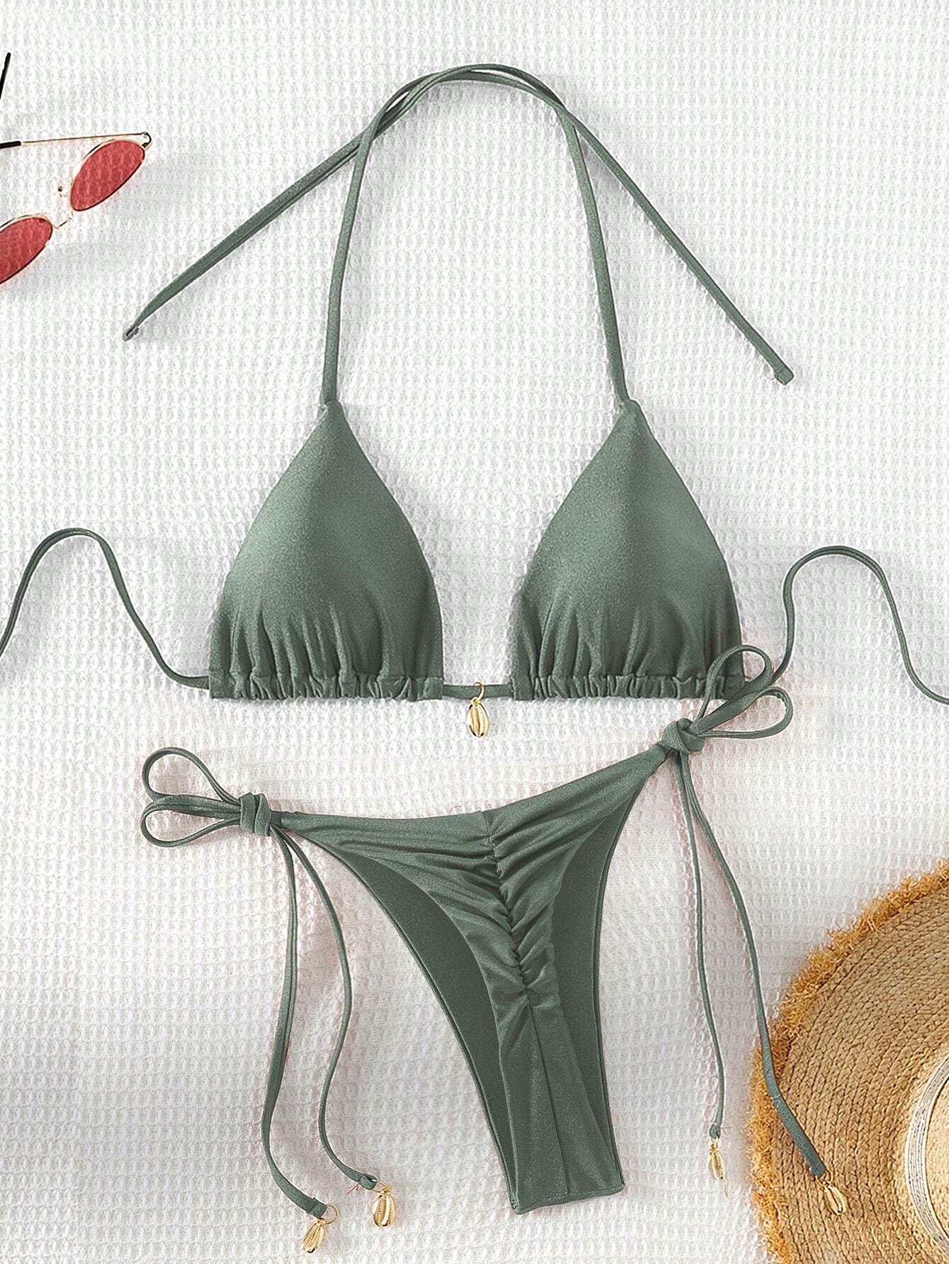 Swim Vcay Solid Triangle Tie Side Bikini Set For Summer Beach Vacation
