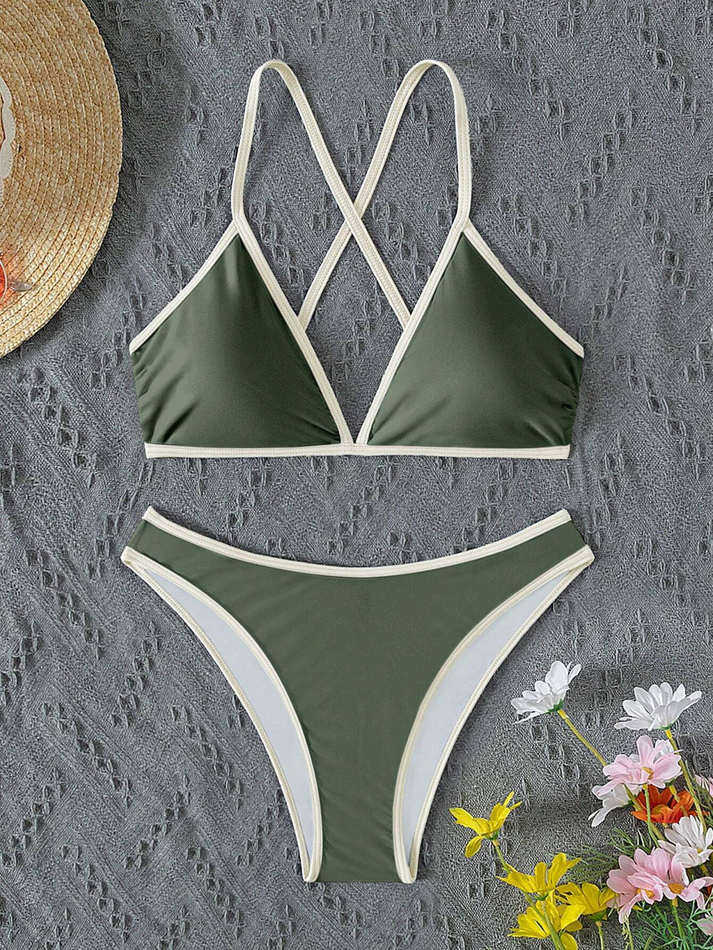 Swim Women's Summer Beach Contrast Neon Trim Back Cross Sexy Halter