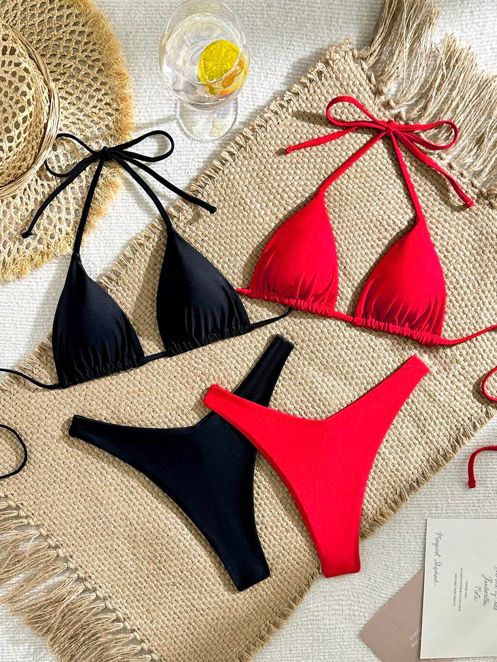 Swim Vcay Women's Summer Beach Solid Color Halter Sexy Black & Red