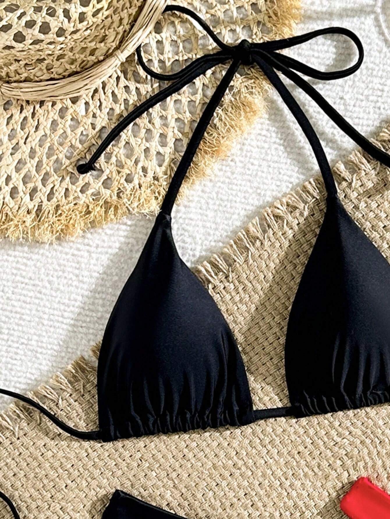 Swim Vcay Women's Summer Beach Solid Color Halter Sexy Black & Red