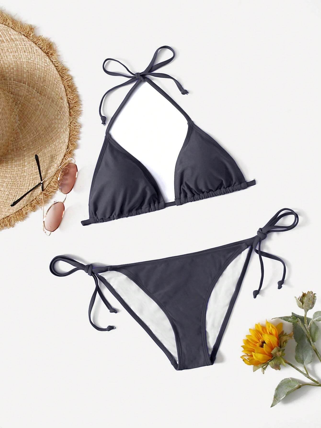 Swim Basics Summer Beach Mono Bikini Set Halter Triangle Bra & Tie