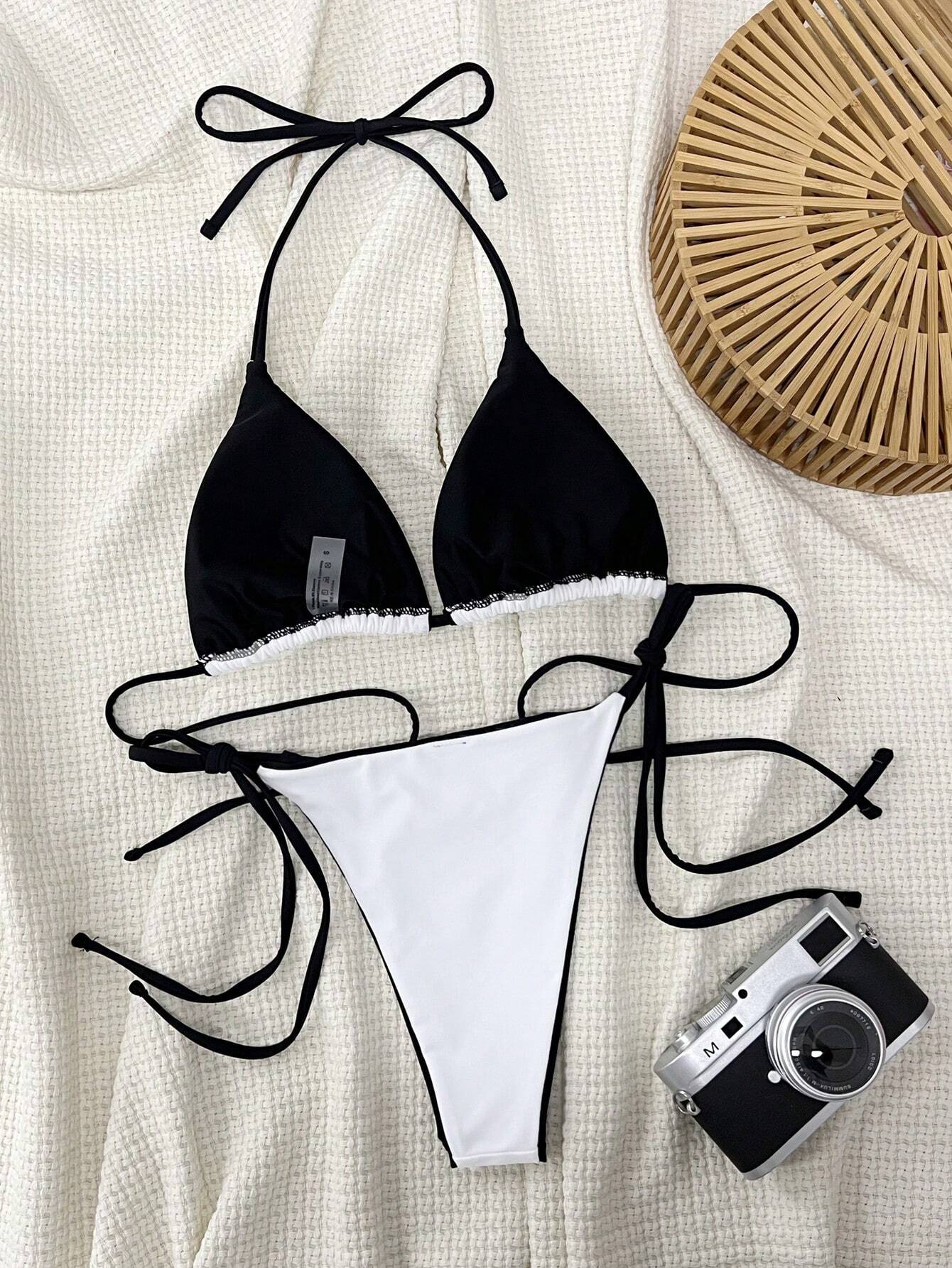 Swim SXY Summer Beach Contrast Neon Trim Halter Triangle Tie Side