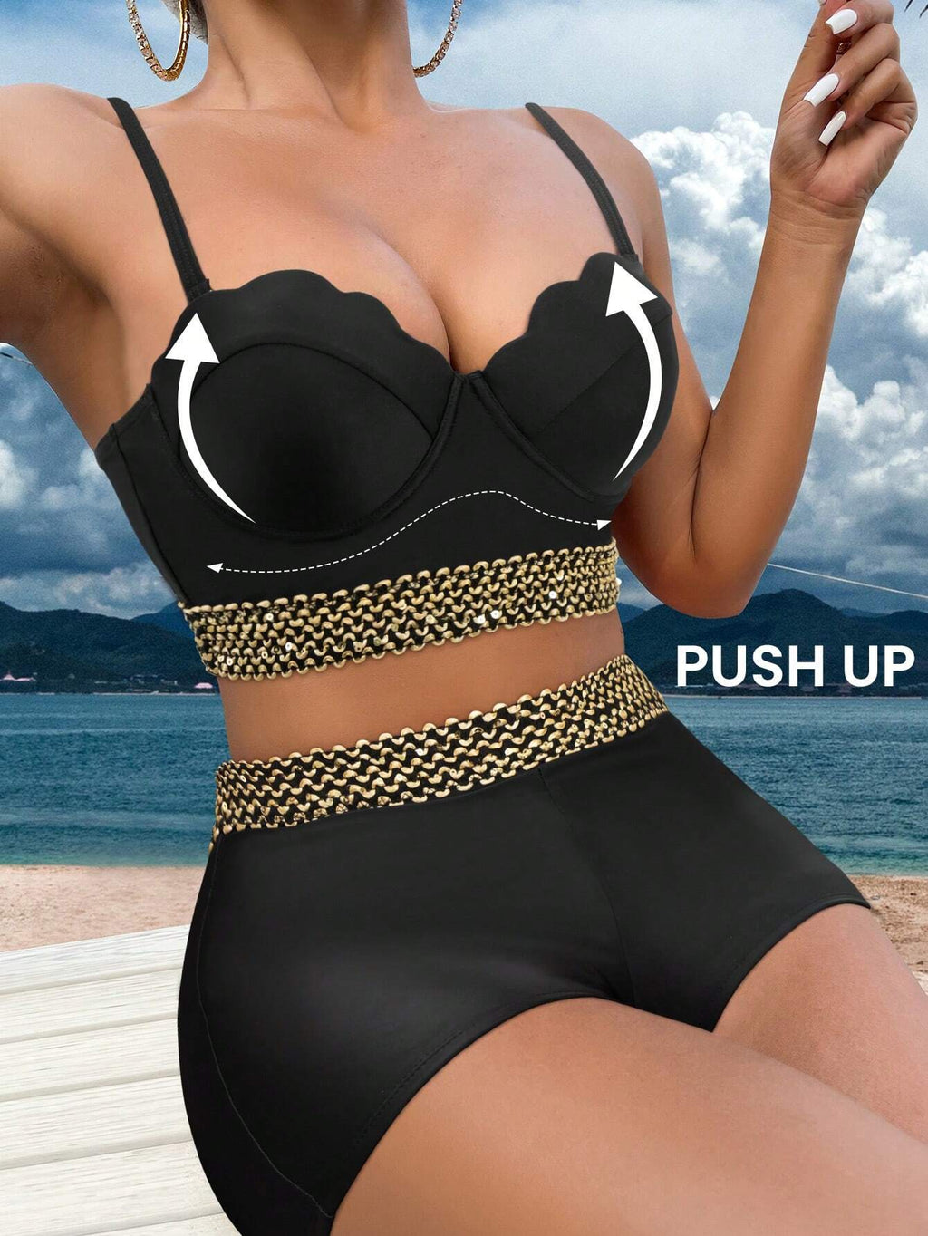 Swim Lushoire Stitch Tape Tankini Set Scallop Trim Push Up Cami Top &