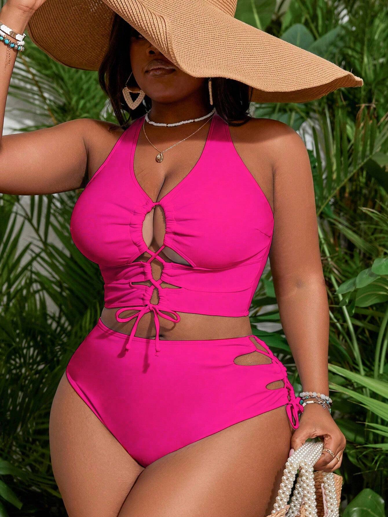 Slaydiva Plus Size Women's Contrast Color Tie-Up Design Sexy Bikini Swimwear Set, For Summer Beach Vacation - image 8