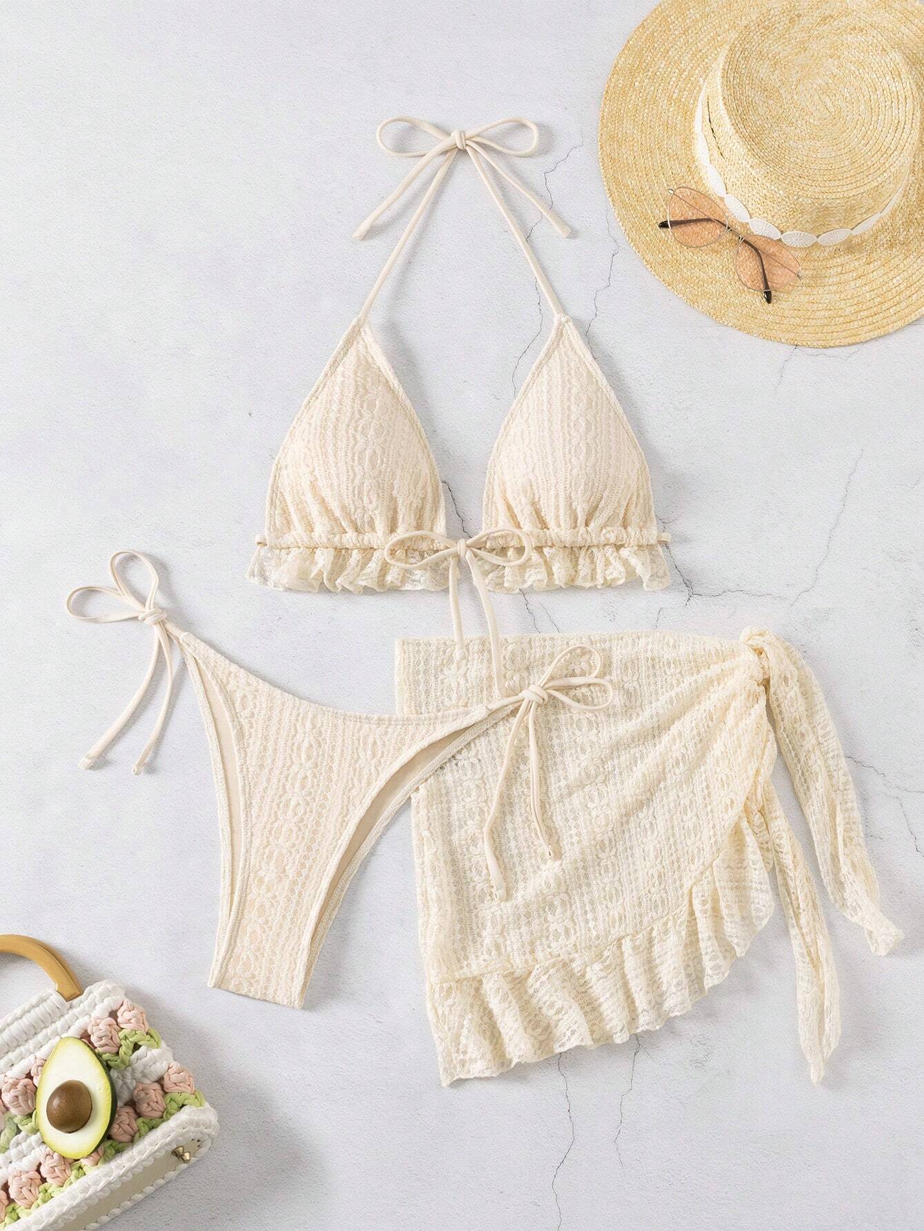 Swim Mod 3pcs Women's Solid Color Halter Strap Sexy Bikini Set, With