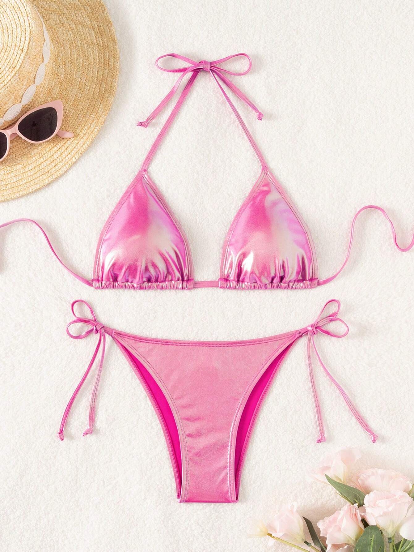 Swim Vcay Summer Beach Metallic Halter Triangle Tie Side Bikini Set