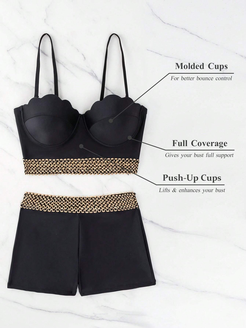 Swim Lushoire Stitch Tape Tankini Set Scallop Trim Push Up Cami Top &