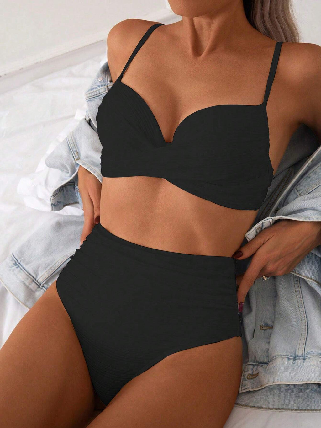 Swim Women Plain Criss-Cross Sexy Bikini Set With Underwire Support (Hard Cup Ve