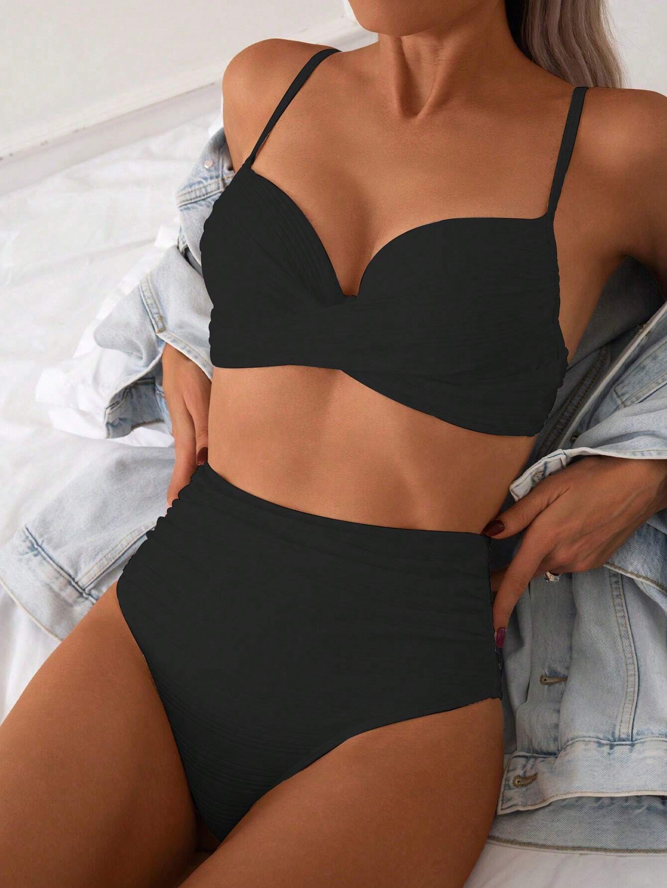Swim Women Plain Criss-Cross Sexy Bikini Set With Underwire Support (Hard Cup Ve