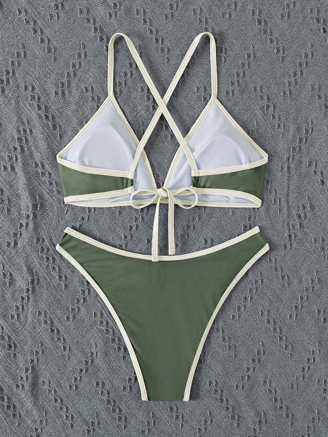 Swim Women's Summer Beach Contrast Neon Trim Back Cross Sexy Halter
