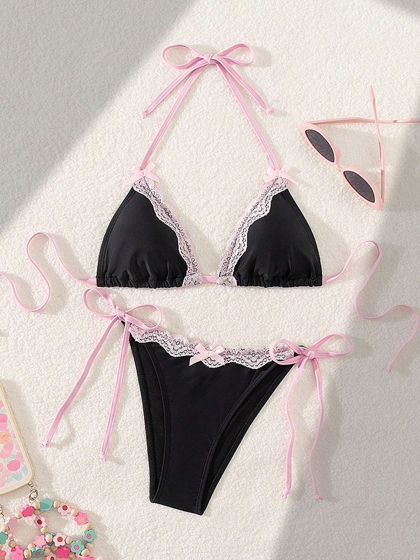 Swim Mod Sexy & Cute Lace Bow Accent Triangle Bikini For Bikini Party
