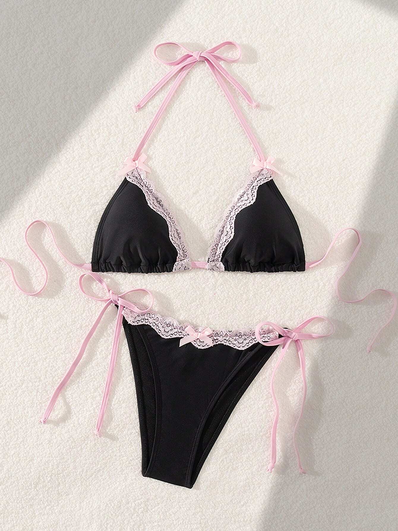 Swim Mod Sexy & Cute Lace Bow Accent Triangle Bikini For Bikini Party