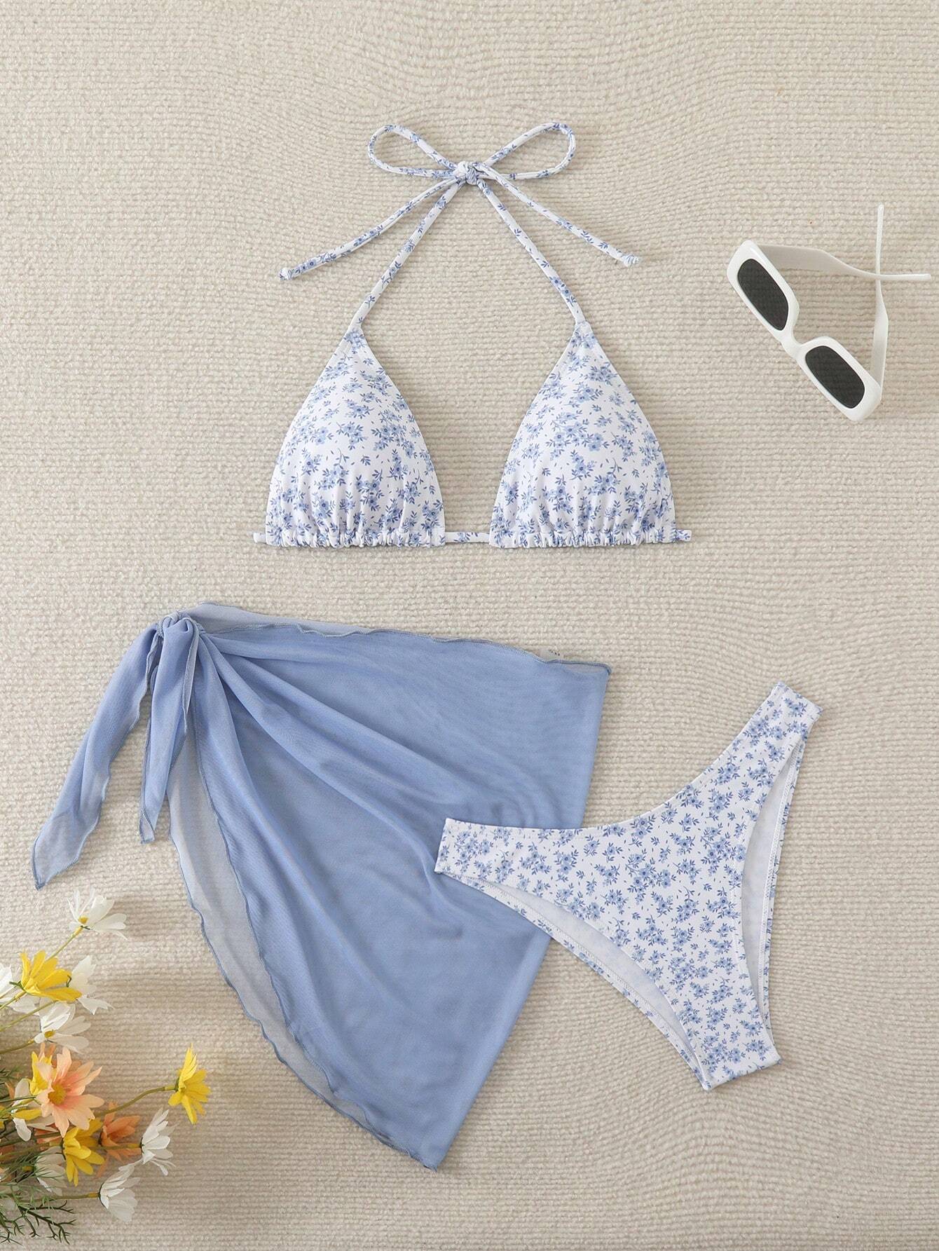 Swim Mod Women's Summer Beach Floral Print Halter Tie Sexy Bikini And