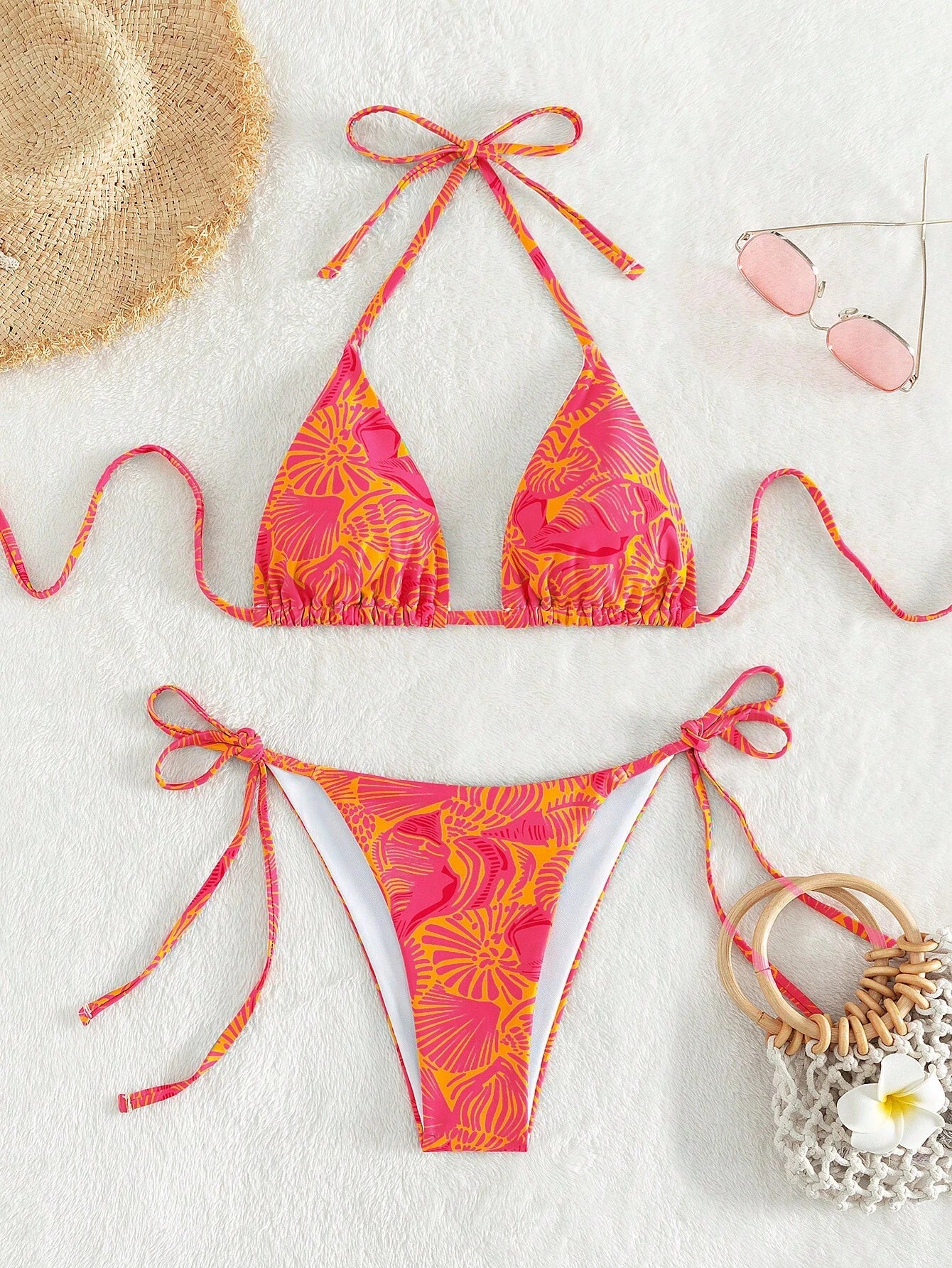 Swim Mod Summer Beach Women's Tropical Plant Printed Halter Neck