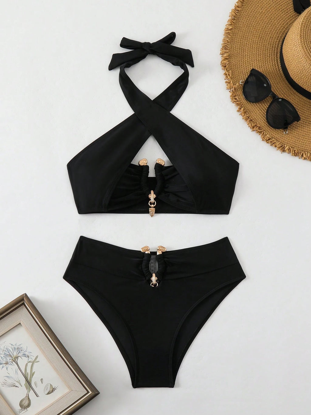 Swim SXY Solid Ring Linked Halter Summer Beach Bikini Set