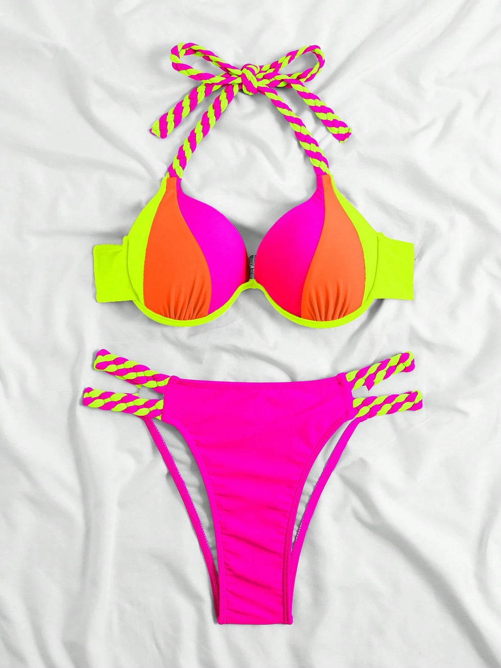 Swim Vcay Women's Summer Beach Color-Block Halter Strap Sexy Bikini