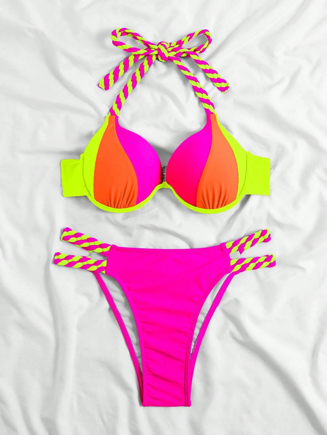 Swim Vcay Women's Summer Beach Color-Block Halter Strap Sexy Bikini