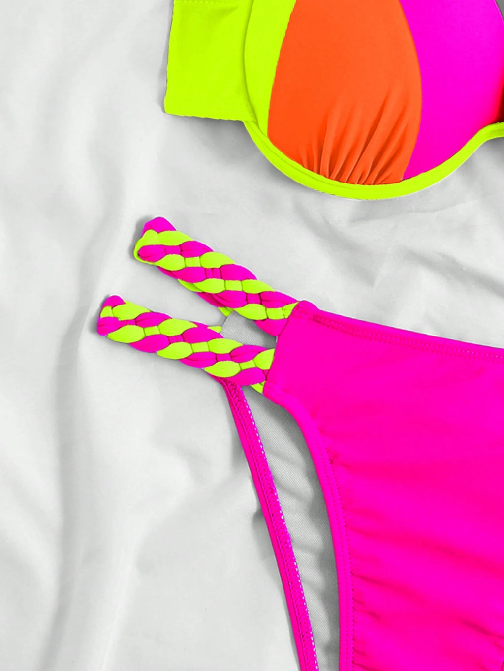 Swim Vcay Women's Summer Beach Color-Block Halter Strap Sexy Bikini