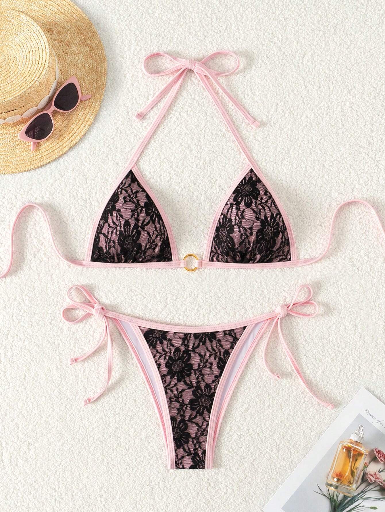 Swim Women's Lace-Up Halter Sexy Bikini 2 Pieces Swimwear Set, Summer