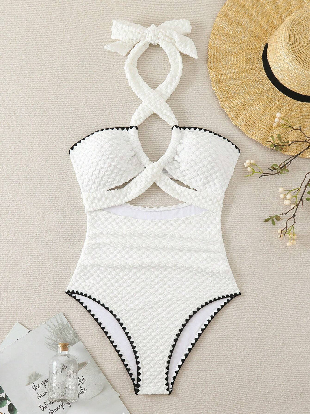 Swim Mod Contrast Binding Cut Out Halter Summer Beach One Piece Swimsuit - image 14
