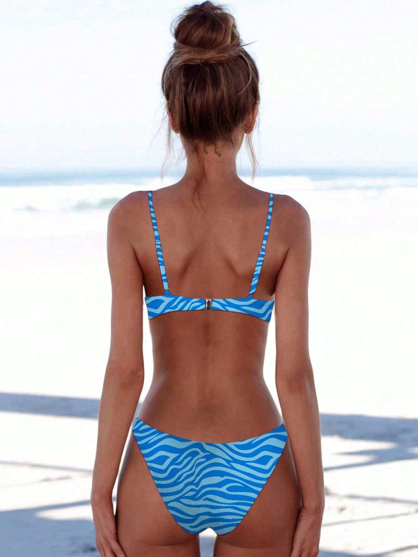 Women Beach Style Floral Print Spaghetti Strap Bikini Set 2 Pieces