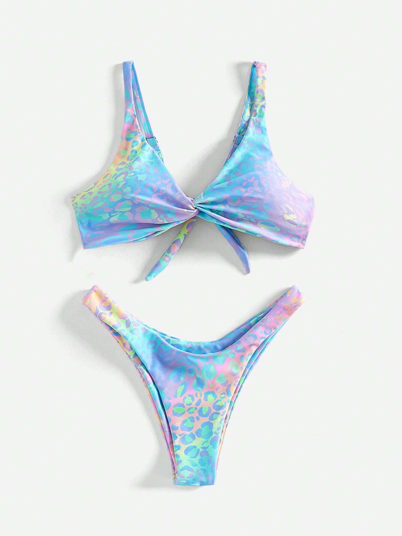 Swim Mod Fish Scales Print Knot Front Swim Top & Swim Bottom Bikini