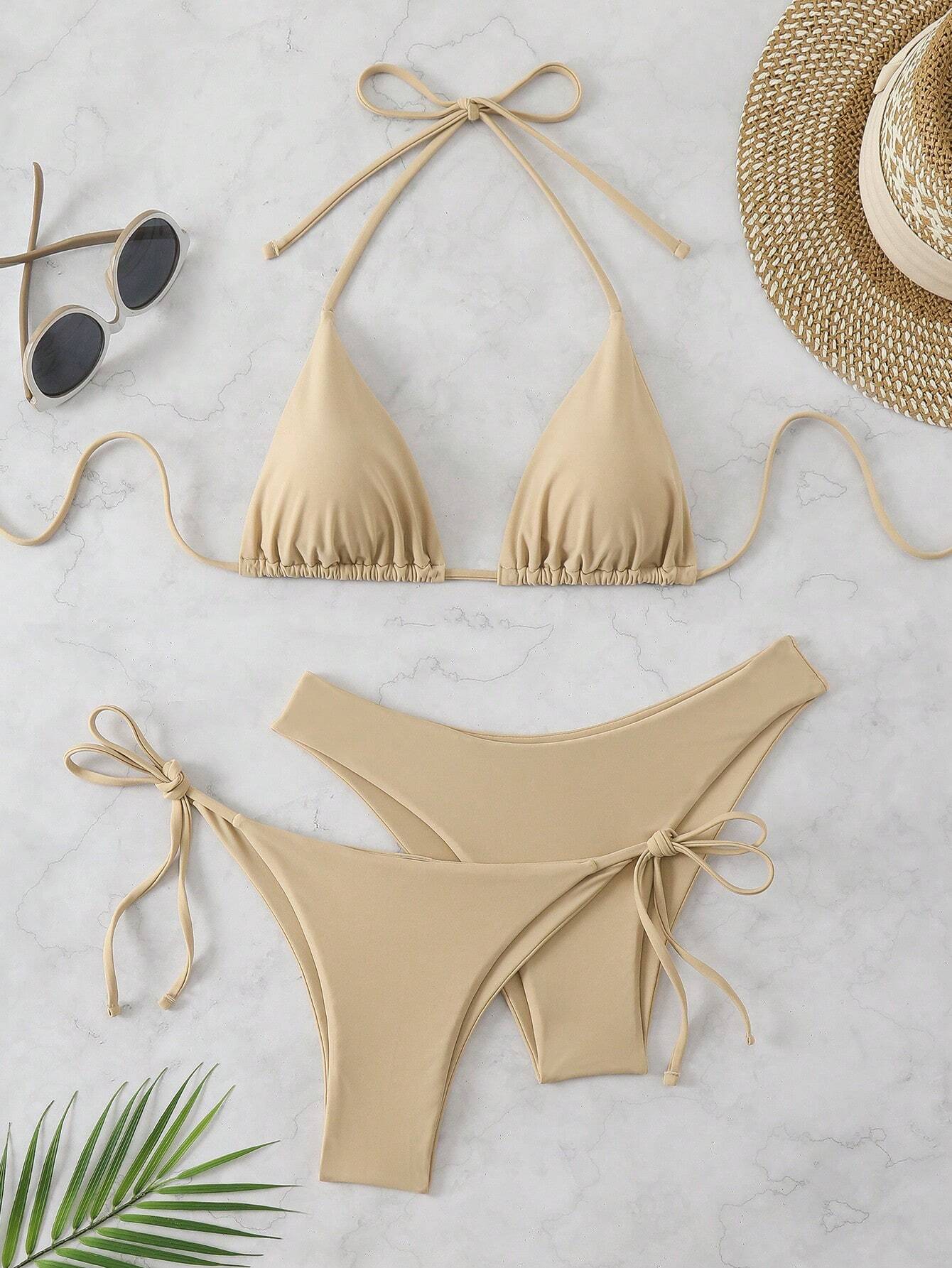 Swim Chiccia 3pcs/Set Women's Solid Ruffled Halter Bikini Set & Minimalist Swim Bottoms With Tie Waist Summer - image 6
