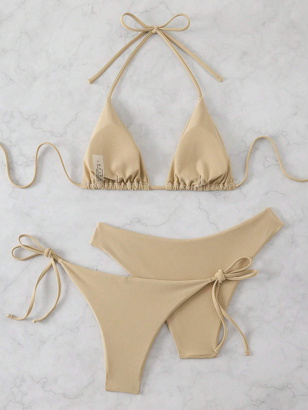 Swim Chiccia 3pcs/Set Women's Solid Ruffled Halter Bikini Set & Minimalist Swim Bottoms With Tie Waist Summer - image 7