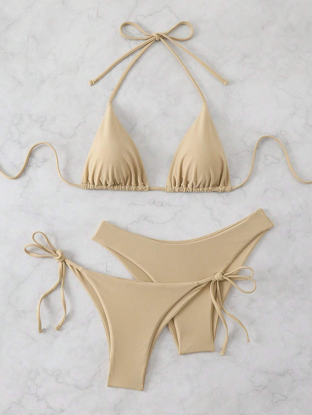 Swim Chiccia 3pcs/Set Women's Solid Ruffled Halter Bikini Set & Minimalist Swim Bottoms With Tie Waist Summer - image 10