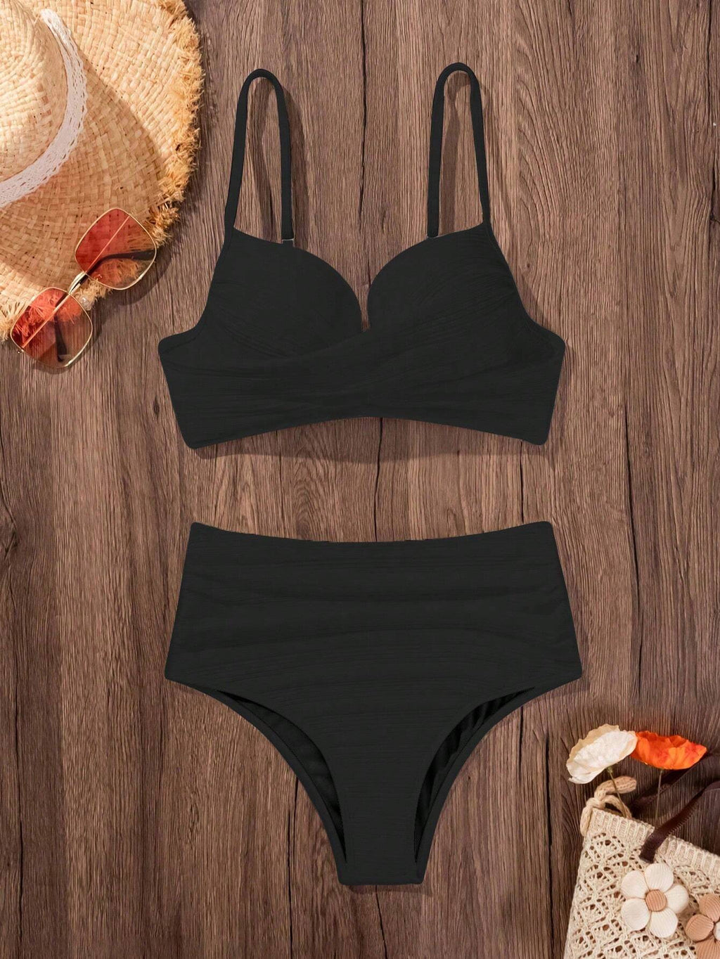 Swim Women Plain Criss-Cross Sexy Bikini Set With Underwire Support (Hard Cup Ve