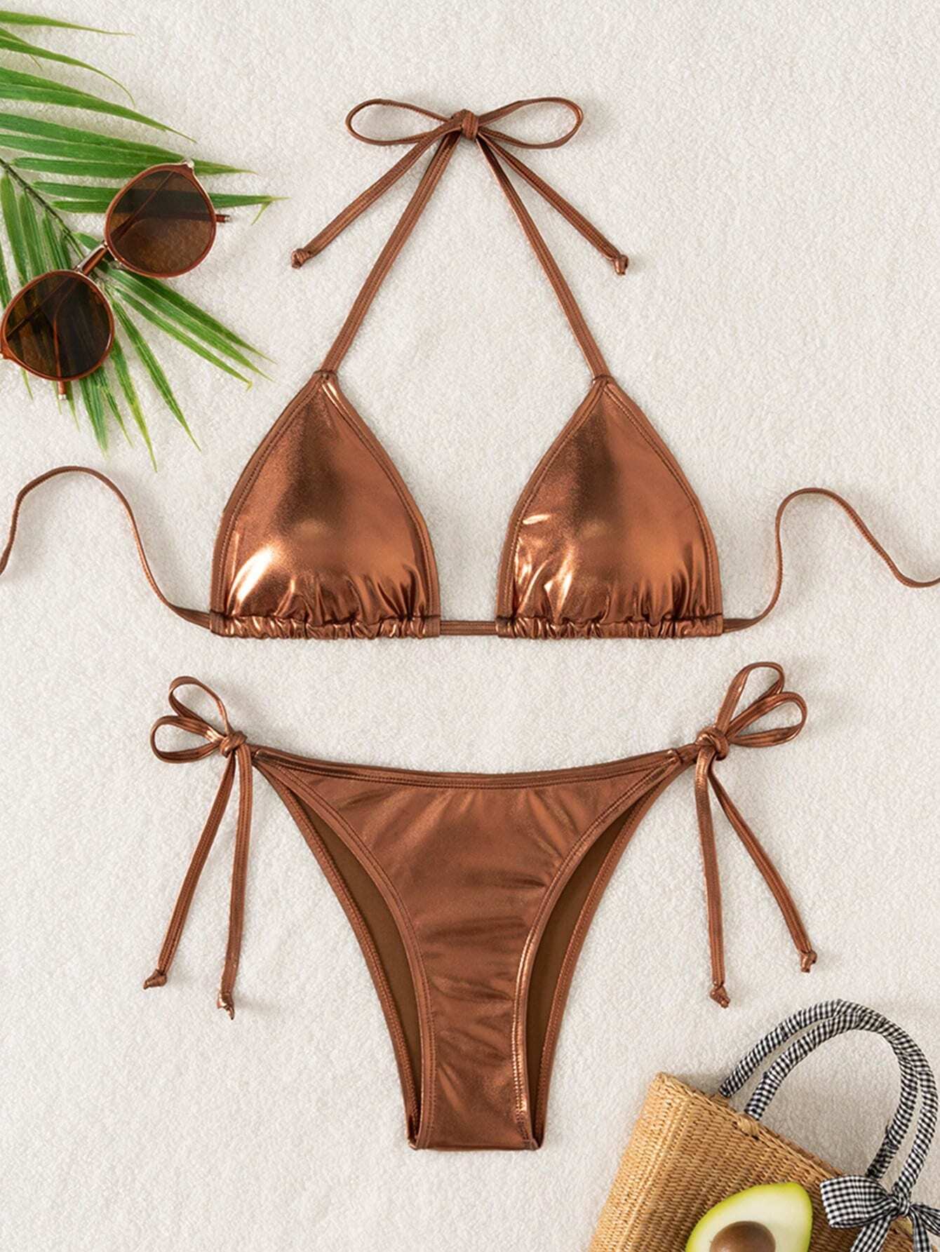 Swim Vcay Summer Beach Metallic Halter Triangle Tie Side Bikini Set