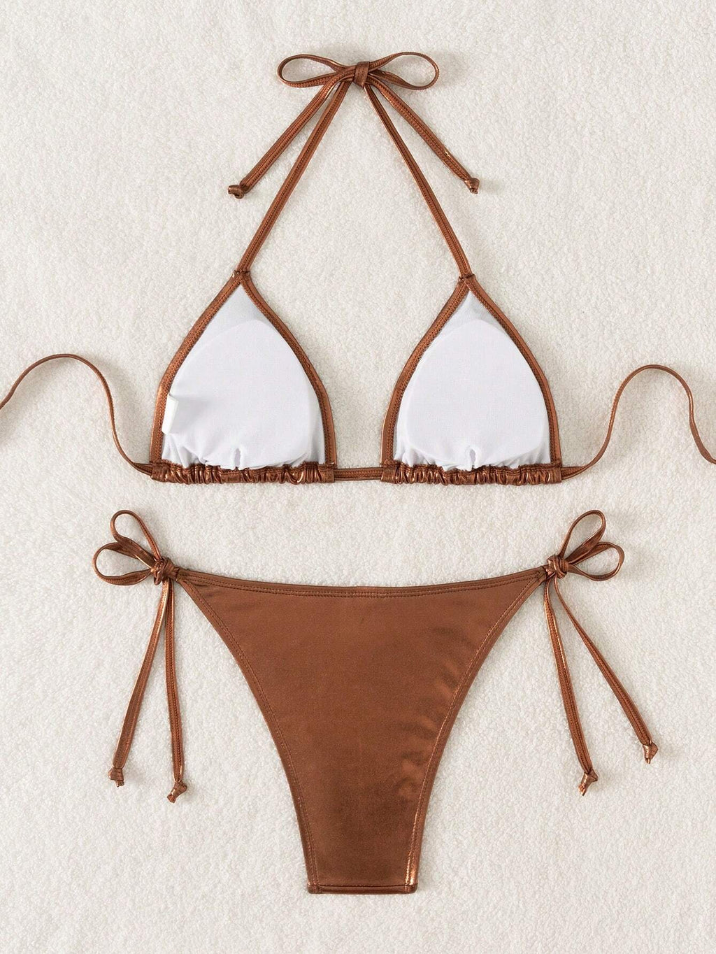 Swim Vcay Summer Beach Metallic Halter Triangle Tie Side Bikini Set