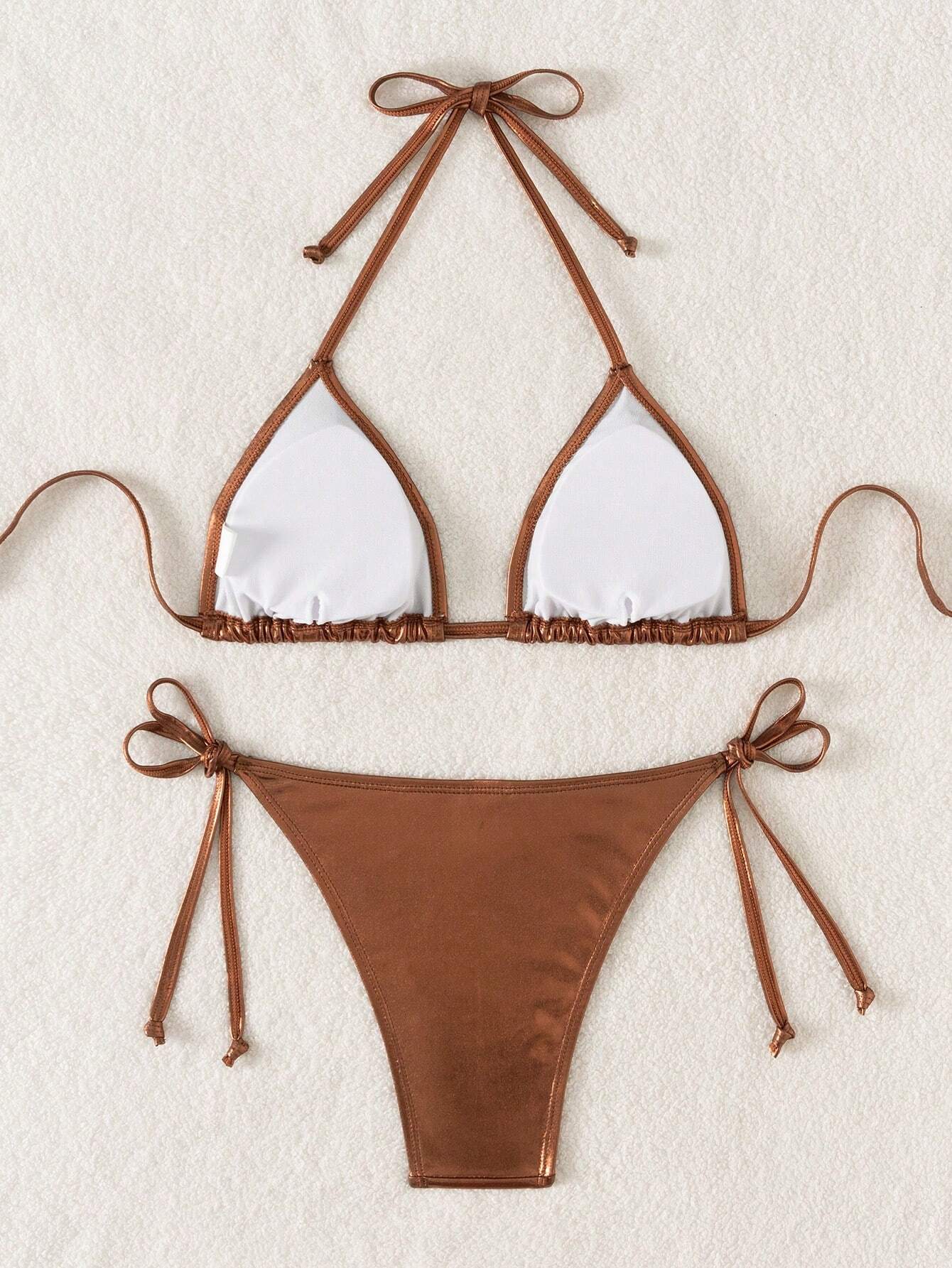 Swim Vcay Summer Beach Metallic Halter Triangle Tie Side Bikini Set