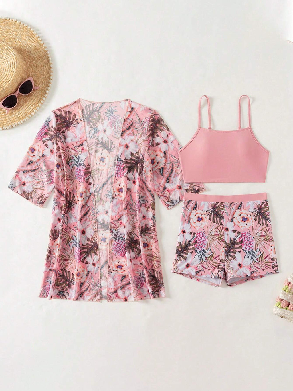 Swim Women Solid Color Camisole Swimwear With Floral Printed Shorts & Cover Up S
