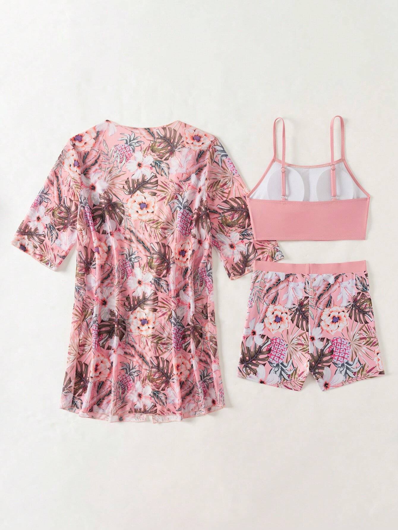 Swim Women Solid Color Camisole Swimwear With Floral Printed Shorts & Cover Up S