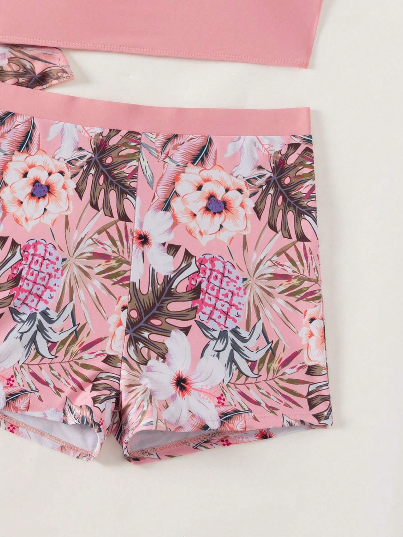 Swim Women Solid Color Camisole Swimwear With Floral Printed Shorts & Cover Up S