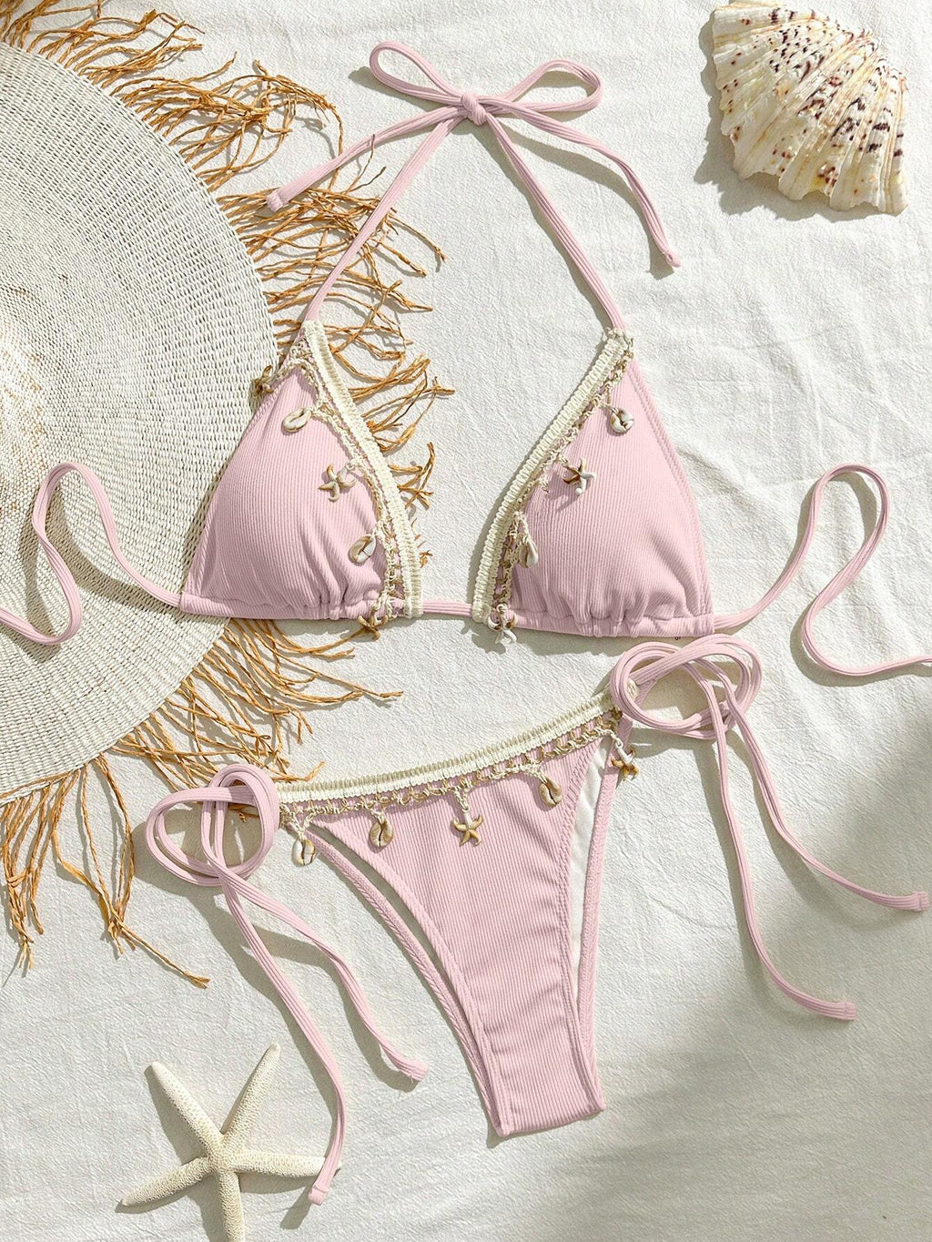 Bikinx Women Solid Color Stitching Ribbon Shell Decoration Triangle