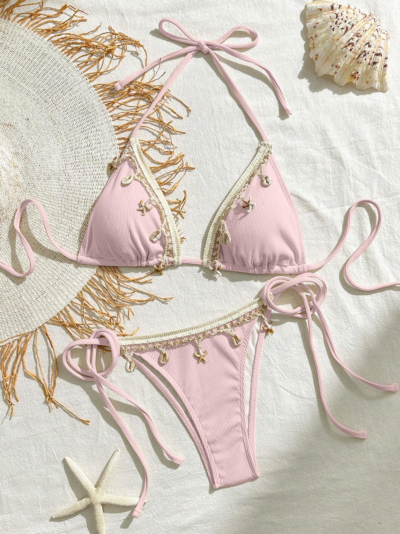 Bikinx Women Solid Color Stitching Ribbon Shell Decoration Triangle