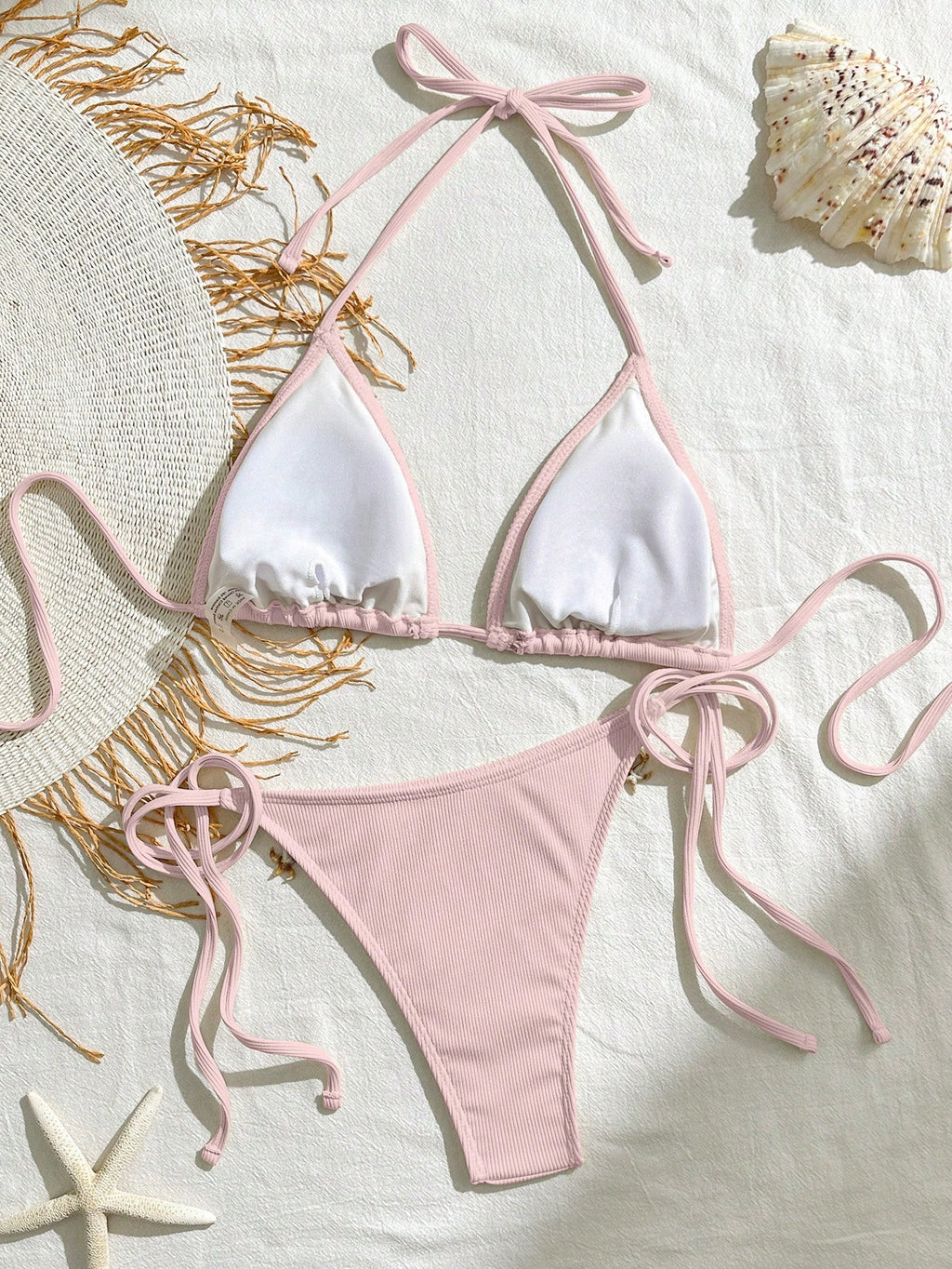 Bikinx Women Solid Color Stitching Ribbon Shell Decoration Triangle