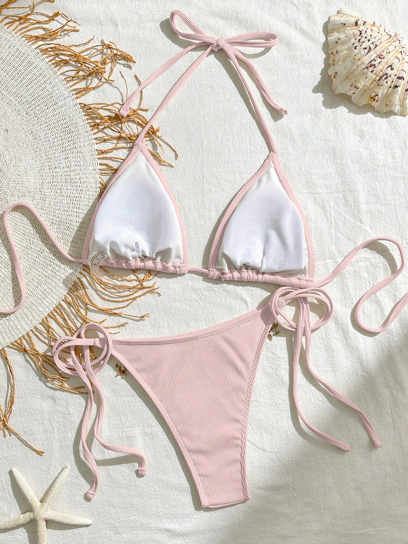 Bikinx Women Solid Color Stitching Ribbon Shell Decoration Triangle