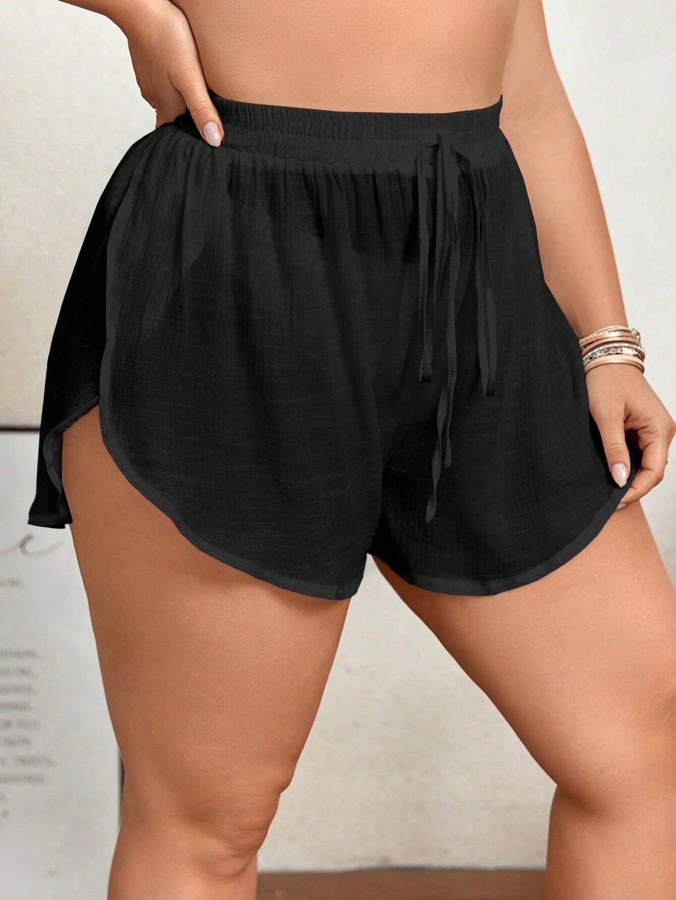 Swim Lushoire Summer Beach Plus Size Solid Color See-Through Side Split Cover-Up Shorts - image 5