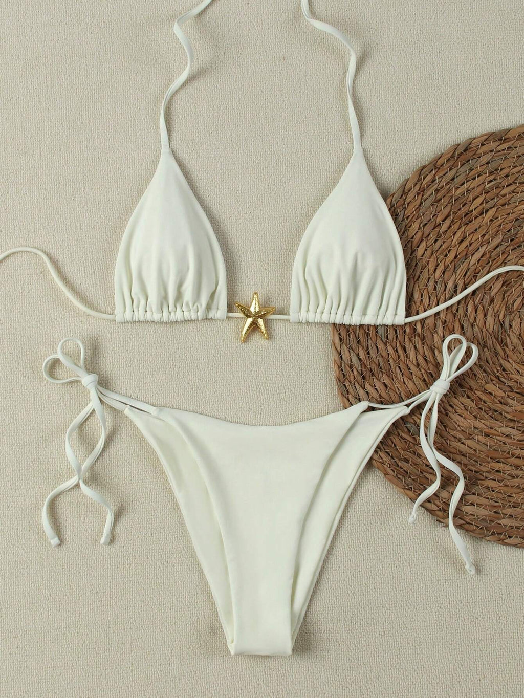 Summer Sexy Metal Starfish Decor Solid Color Women's Bikini Two